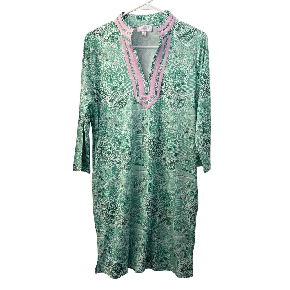 Stella Parker Collection Womens Green Pink Paisley Tunic Dress Medium 3/4 Sleeve